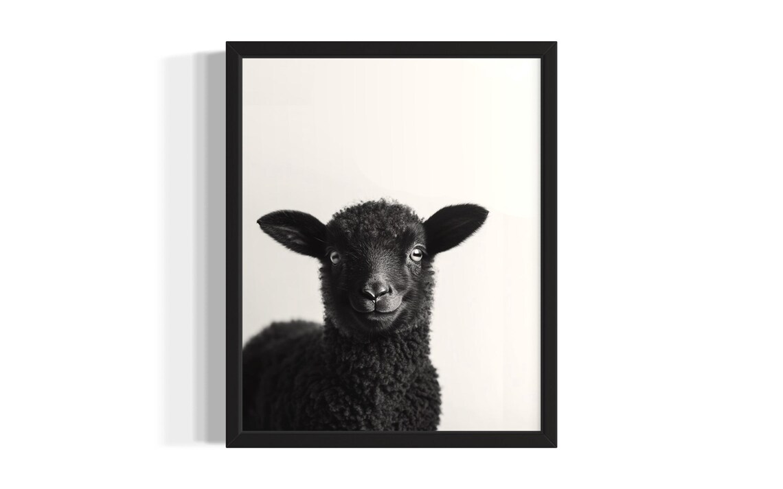 Little Black Lamb Portrait in Black and White Nursery Wall Art