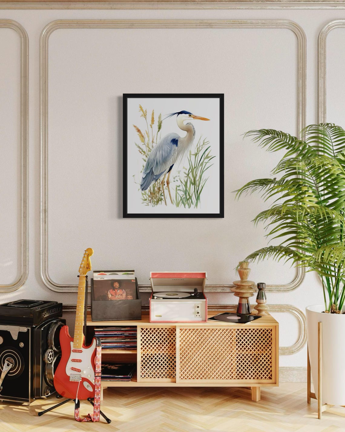 Great Blue Heron among Reeds Botanical Watercolor Bird Poster - Image 4