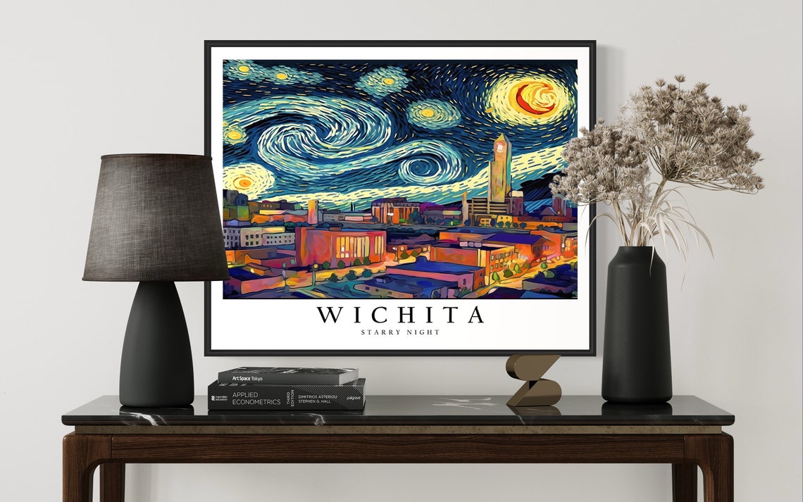 Wichita Starry Night Downtown Rooftops Under Moonlit Sky Poster - Image 3