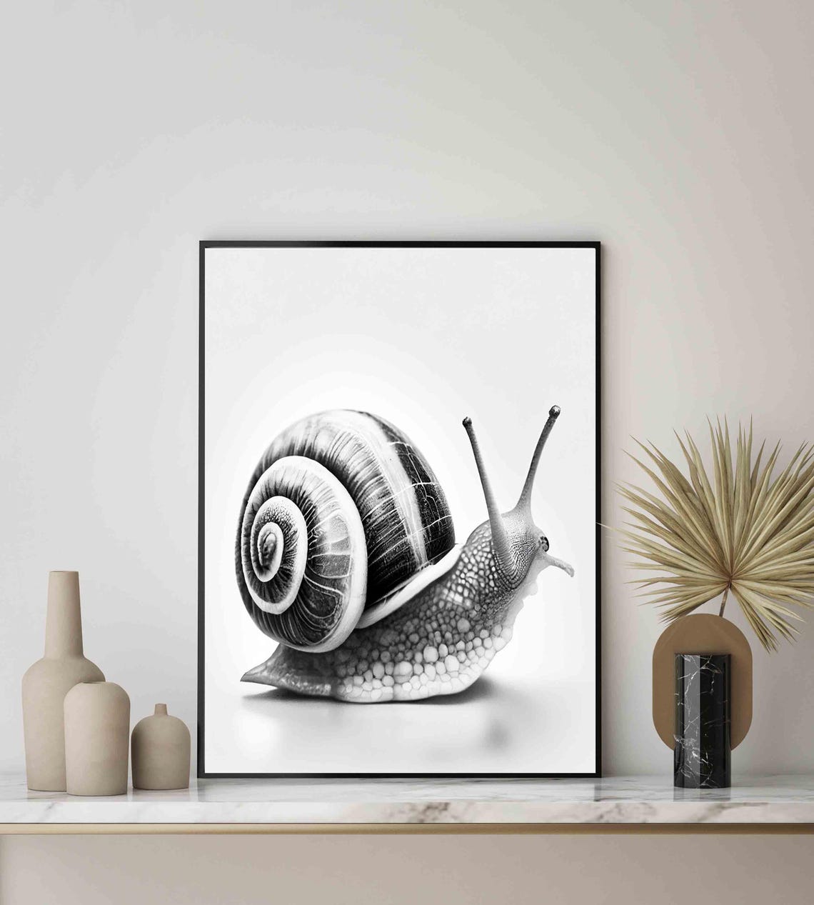 Snail Black and White Spiral Shell Macro Garden Portrait Poster - Image 4