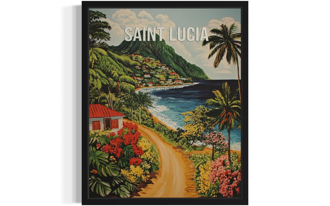 Saint Lucia Tropical Coast Palm Trees Vintage Travel Art Poster