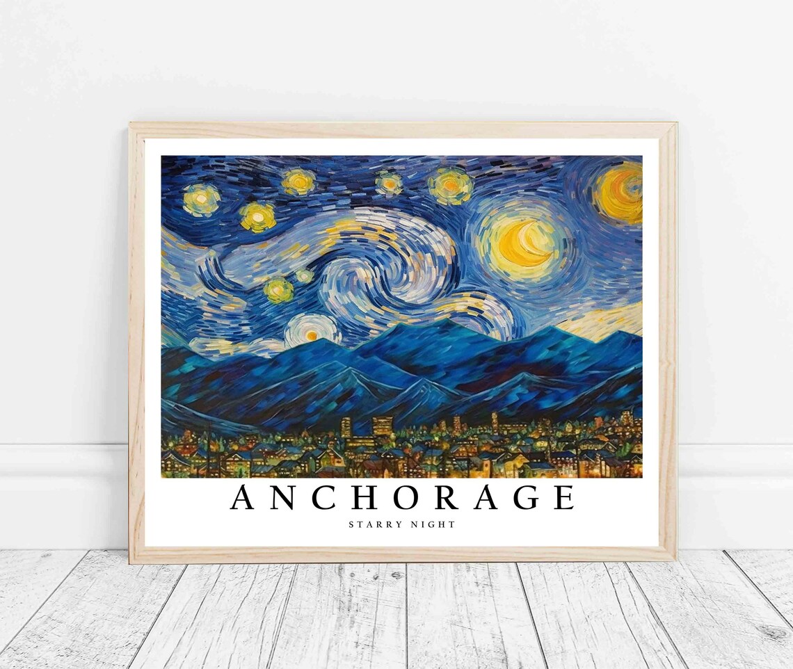 Anchorage Starry Night Mountain Peaks City Lights View Poster - Image 3