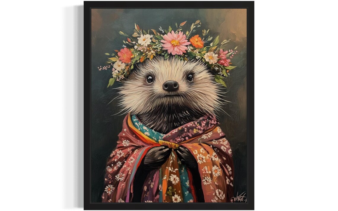 Porcupine Wearing Flower Crown and Floral Shawl Fine Art Decor Poster