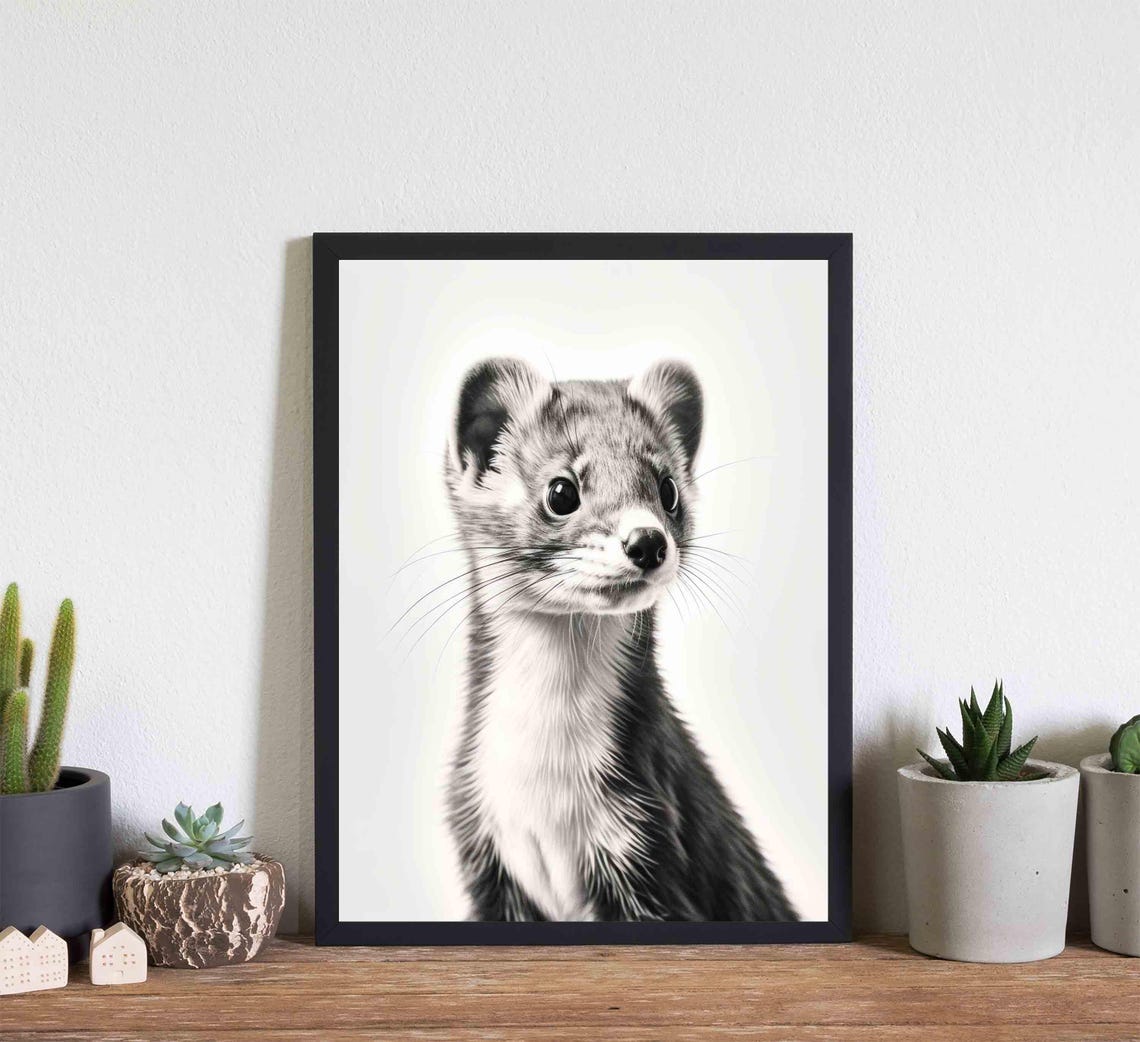 Stoat Black and White Close Up Curious Wild Weasel Portrait Poster - Image 2