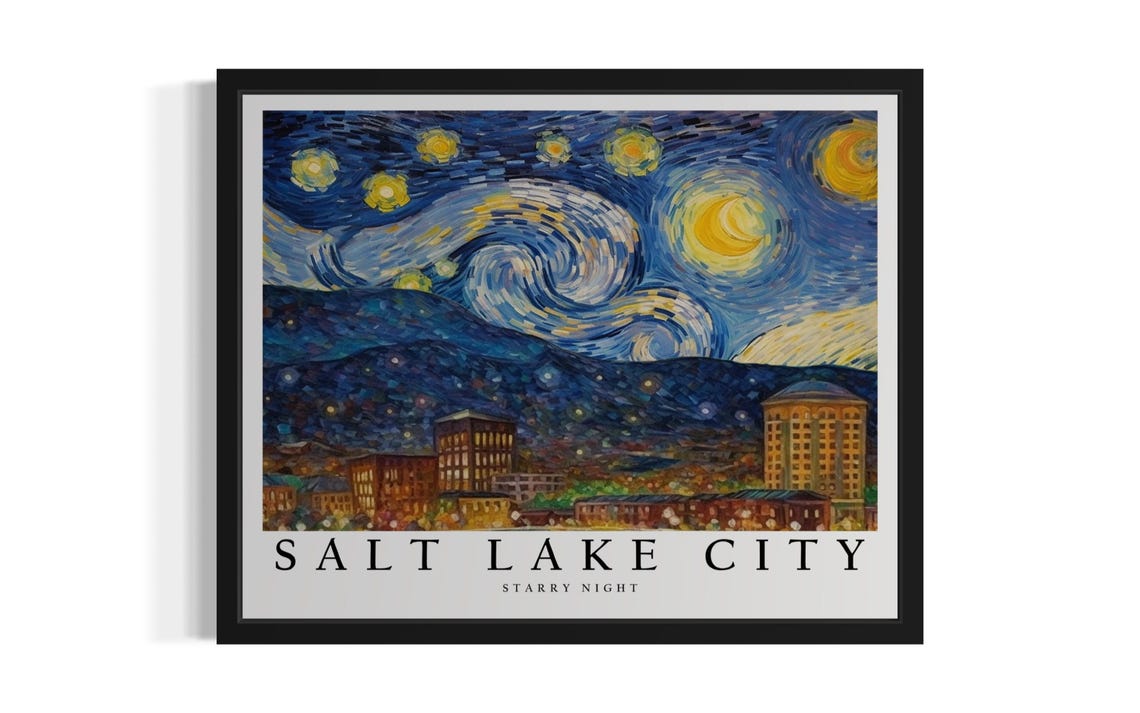 Salt Lake City Utah Starry Night Downtown Mountains Art Poster