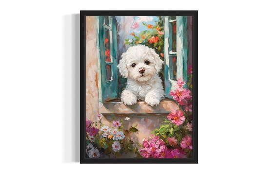 White Fluffy Puppy at Flower Window Cute Dog Painting Nursery Poster