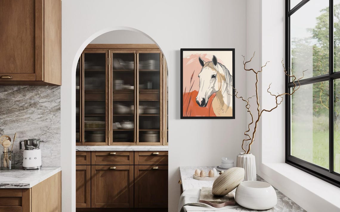 White Horse Head Elegant Line Art Peach Abstract Decor Poster - Image 4