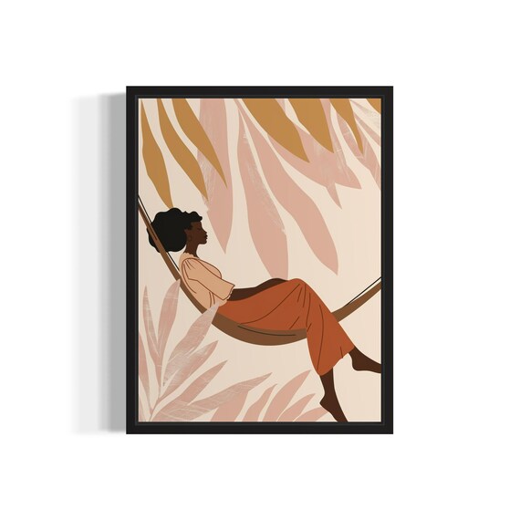 Black Woman Hammock Tropical Leaves Relax Boho Neutral Art Poster