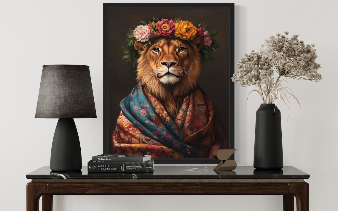 Lion Wearing Flower Crown and Floral Shawl Fine Art Decor Poster - Image 3