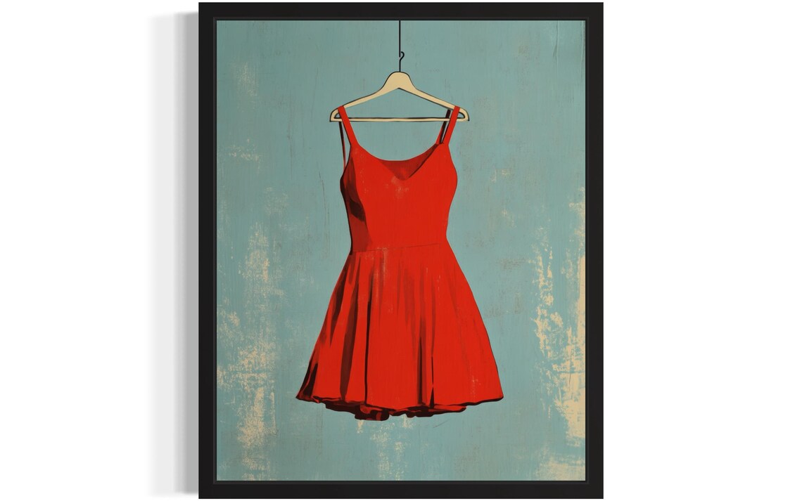 Red Dress On Hanger Teal Vintage Background Fashion Pop Art Poster