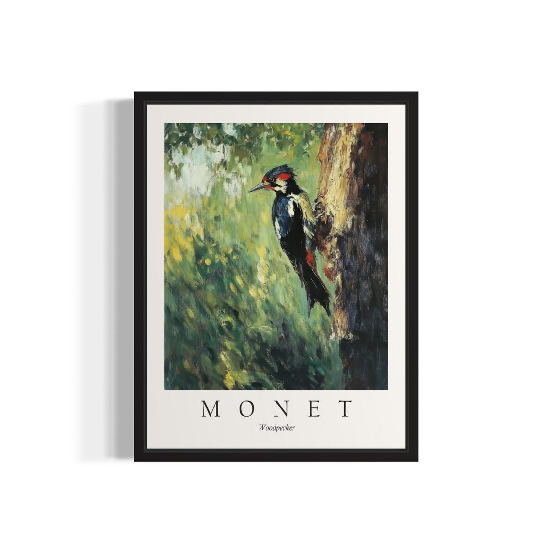 Woodpecker Clinging to a Sunlit Tree Trunk Monet Style Bird Poster
