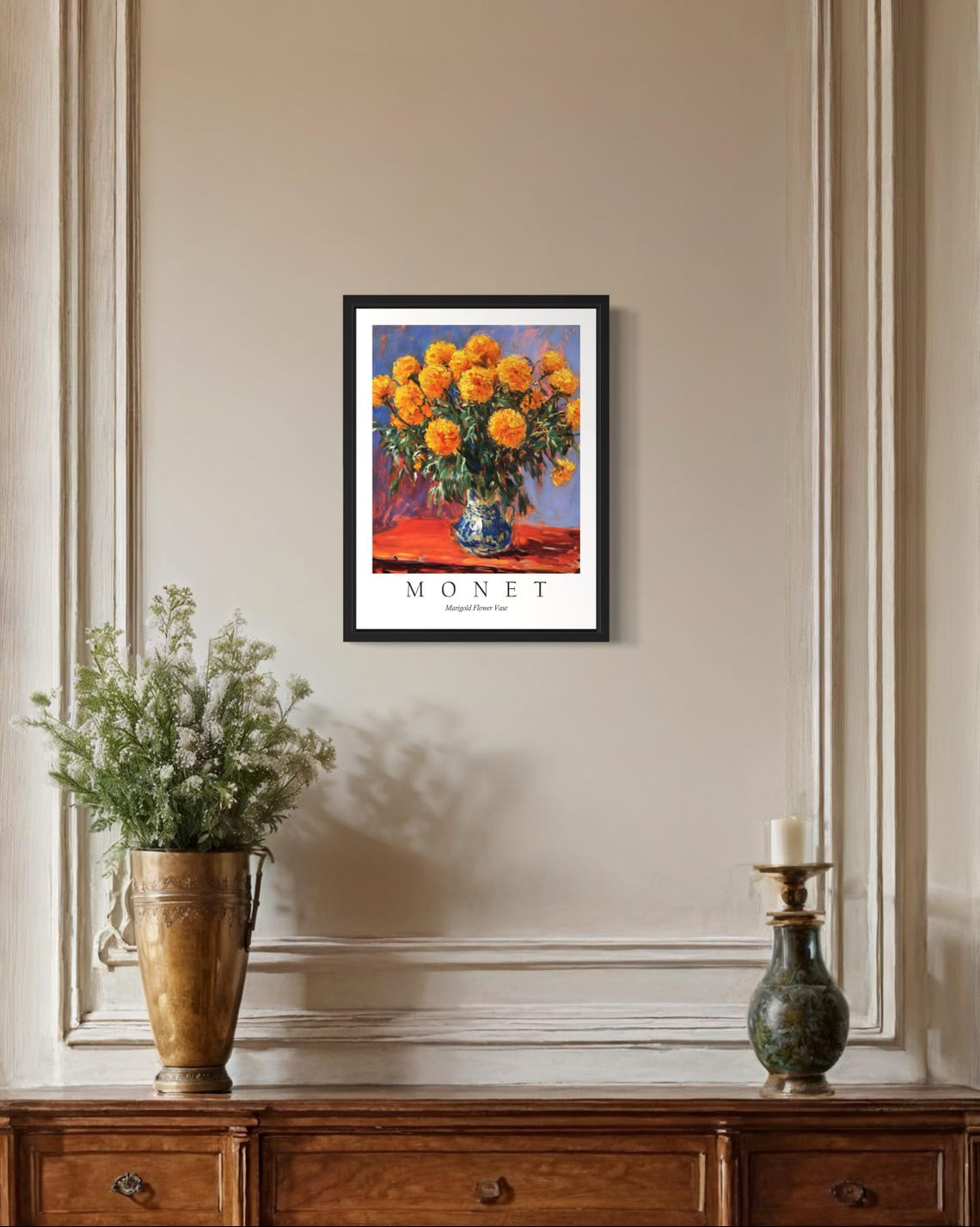 Golden Marigolds in a Blue Vase Monet Style Cheerful Flower Poster - Image 2