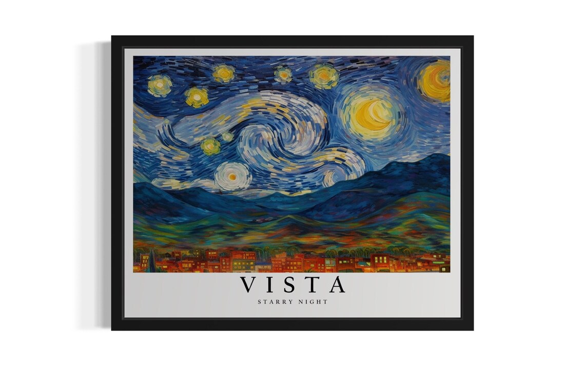 Vista California Starry Night Swirling Sky Mountain Town Art Poster