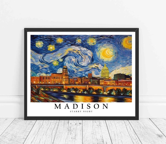 Madison Starry Night Capitol Dome Waterfront City Glow Poster