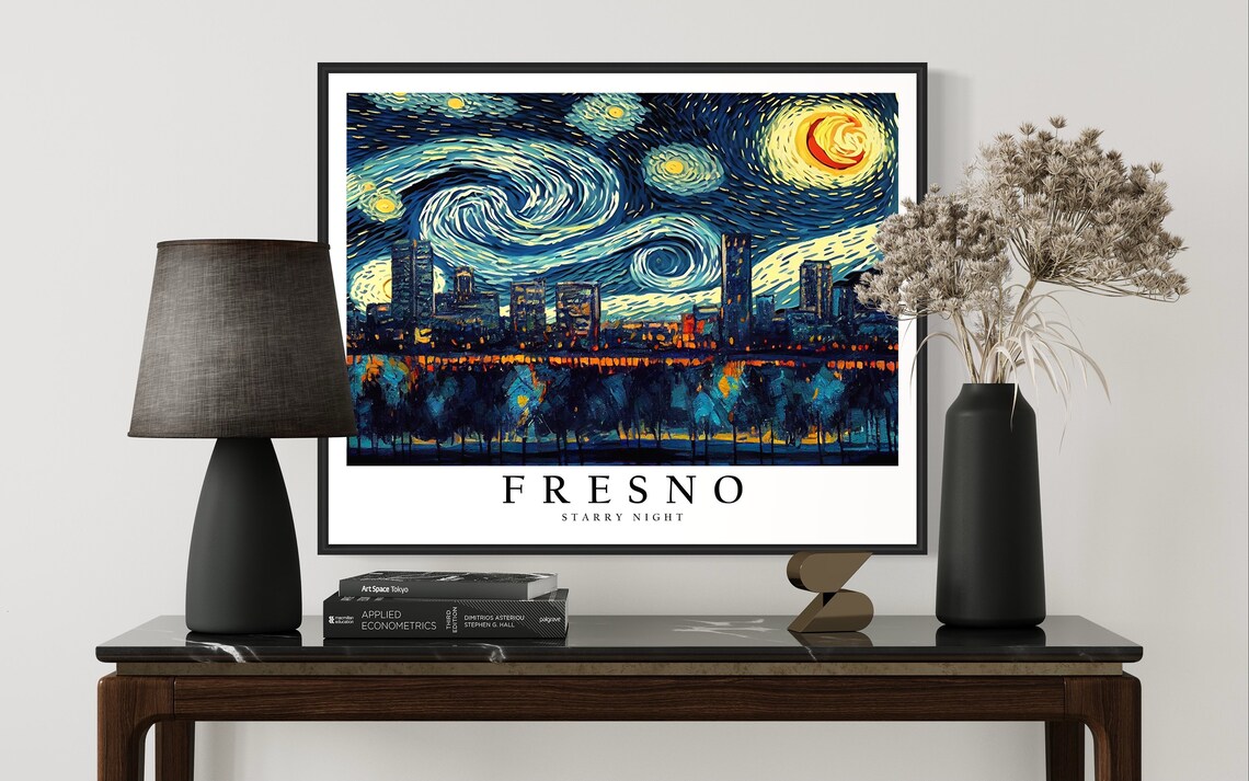 Fresno California Night Skyline Van Gogh Starry Night Poster - Image 3