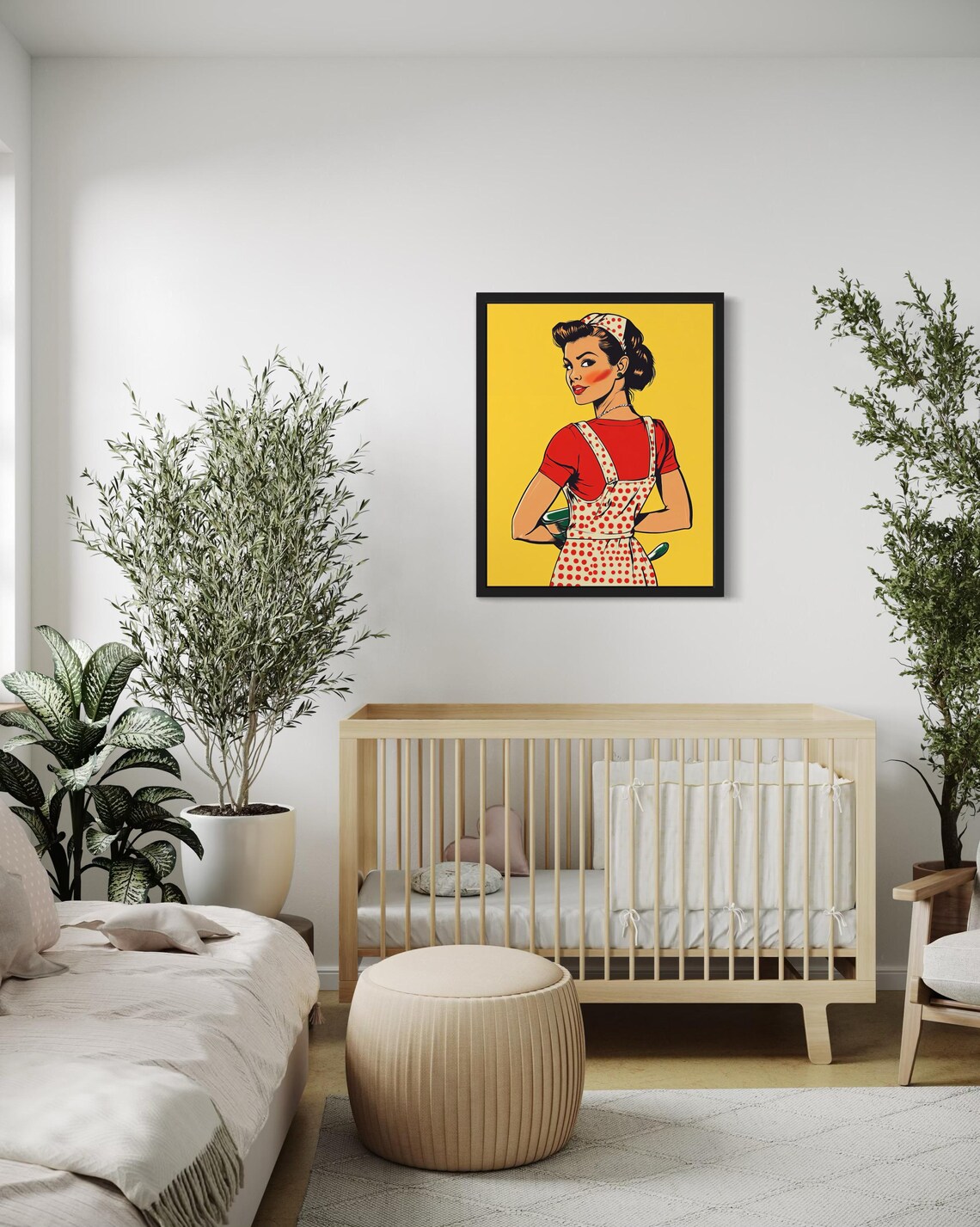 Retro Pop Art Housewife in Polka Dot Apron on Bright Yellow Poster - Image 4