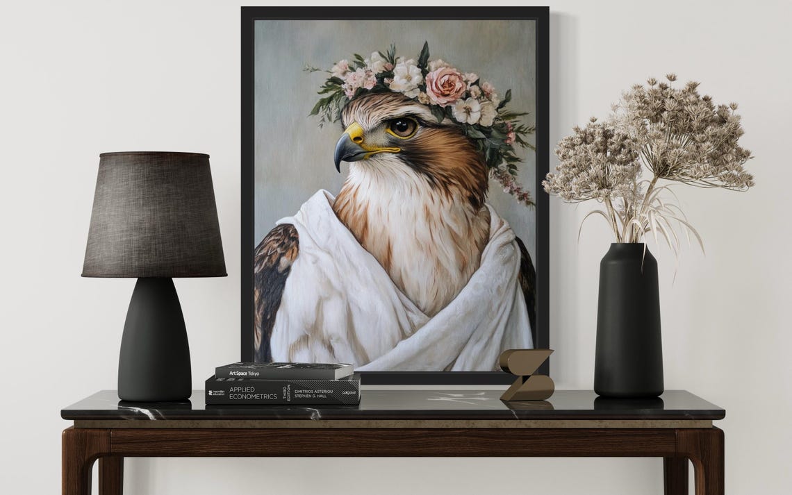 Fierce Hawk Portrait with Flower Crown in White Drape Art Poster - Image 2