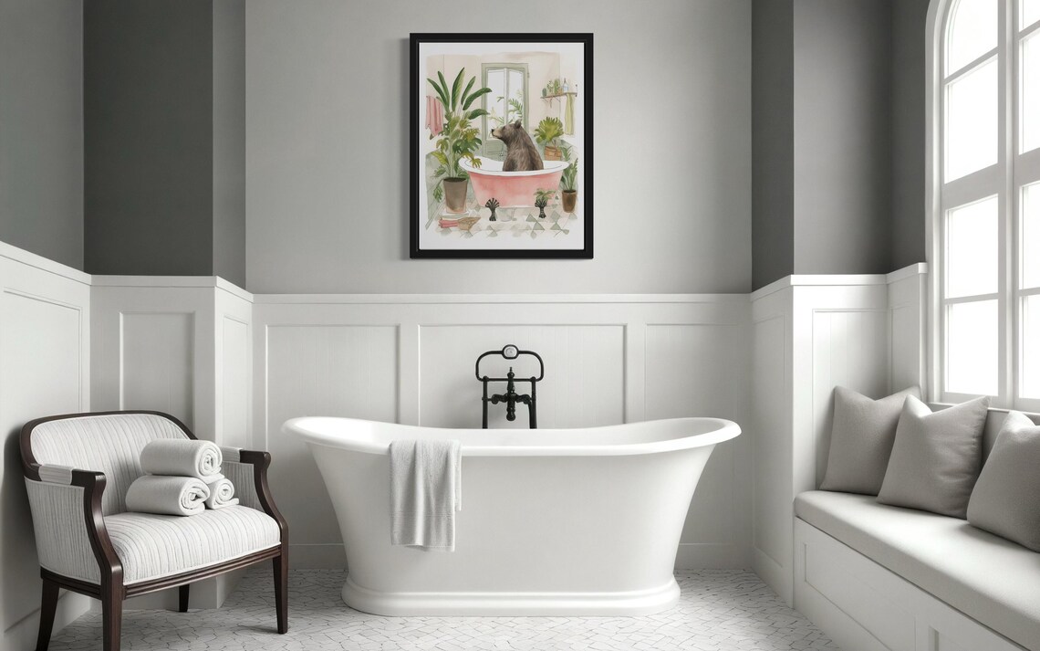 Brown Bear Sitting in a Pink Clawfoot Tub Watercolor Bathroom Poster - Image 2