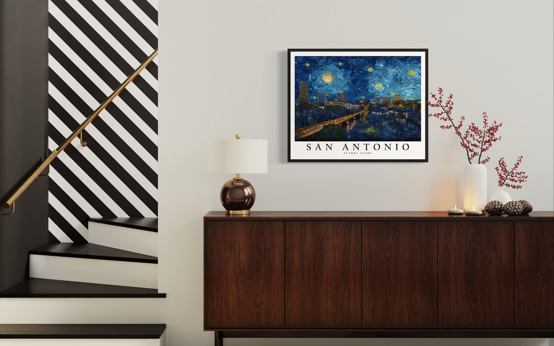 San Antonio Starry Night Riverwalk Bridge Van Gogh City Poster - Image 4