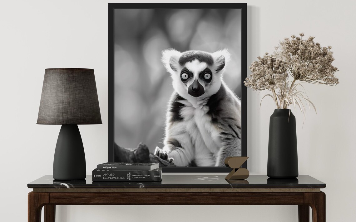 Ring-Tailed Lemur Portrait Black and White Wildlife Photo Poster - Image 2