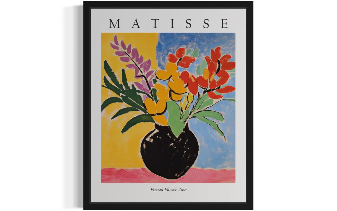 Freesia Flower Vase with Bold Red Yellow Matisse Style Art Poster