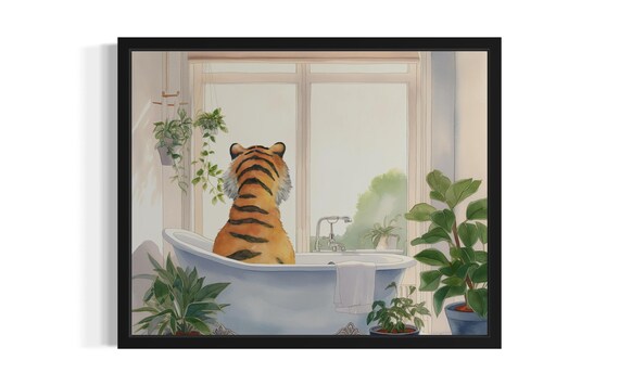 Tiger Bath Time Back View Vintage Bathtub Bathroom Art Poster