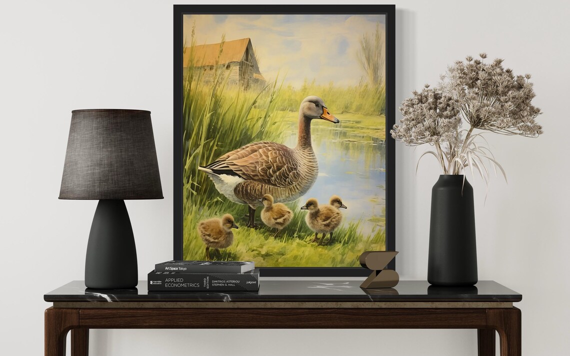 Mother Goose with Goslings at the Pond Edge Vintage Waterfowl Poster - Image 2