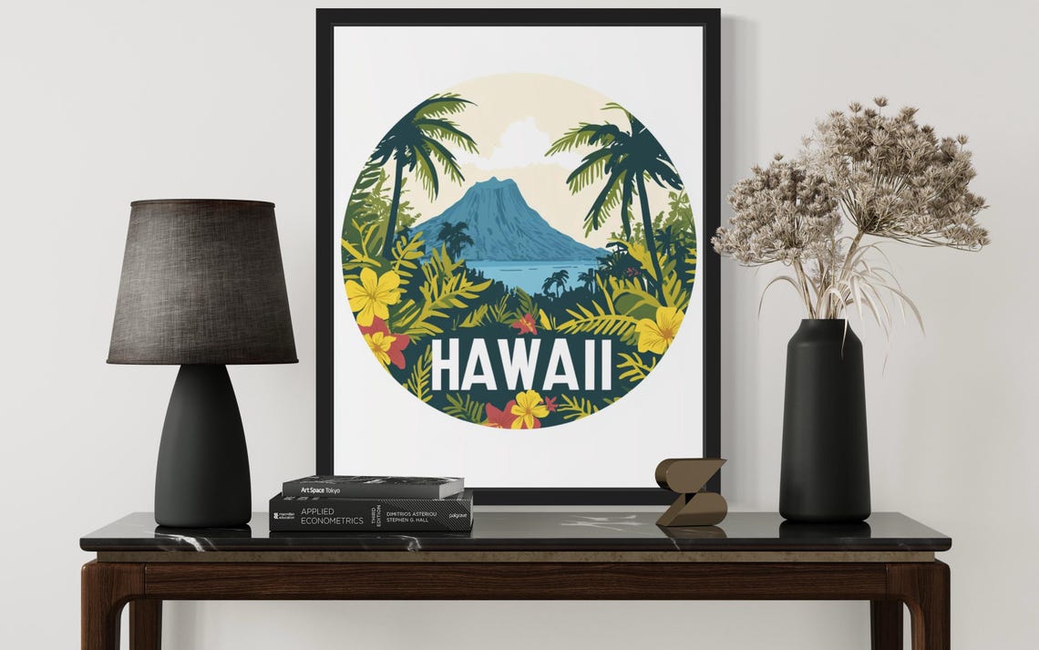 Hawaii Volcanic Peak Palm Trees Tropical Flowers Circle Poster - Image 3