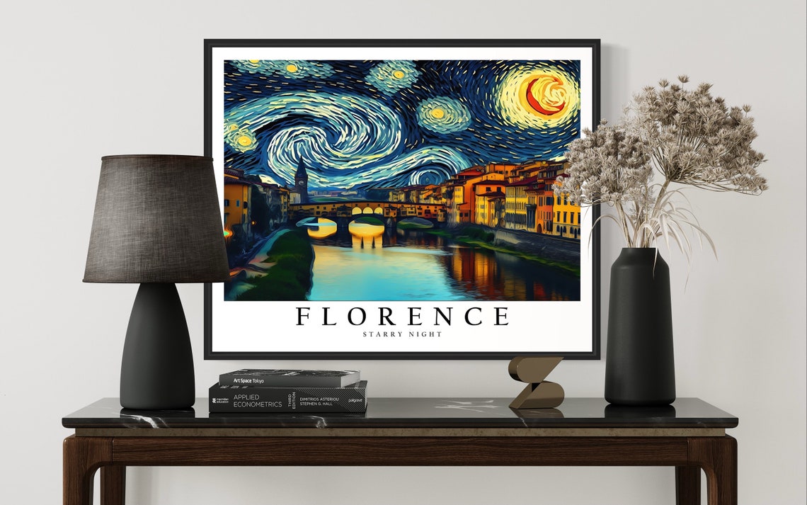 Florence Starry Night Ponte Vecchio Arno River Italy Art Poster - Image 3