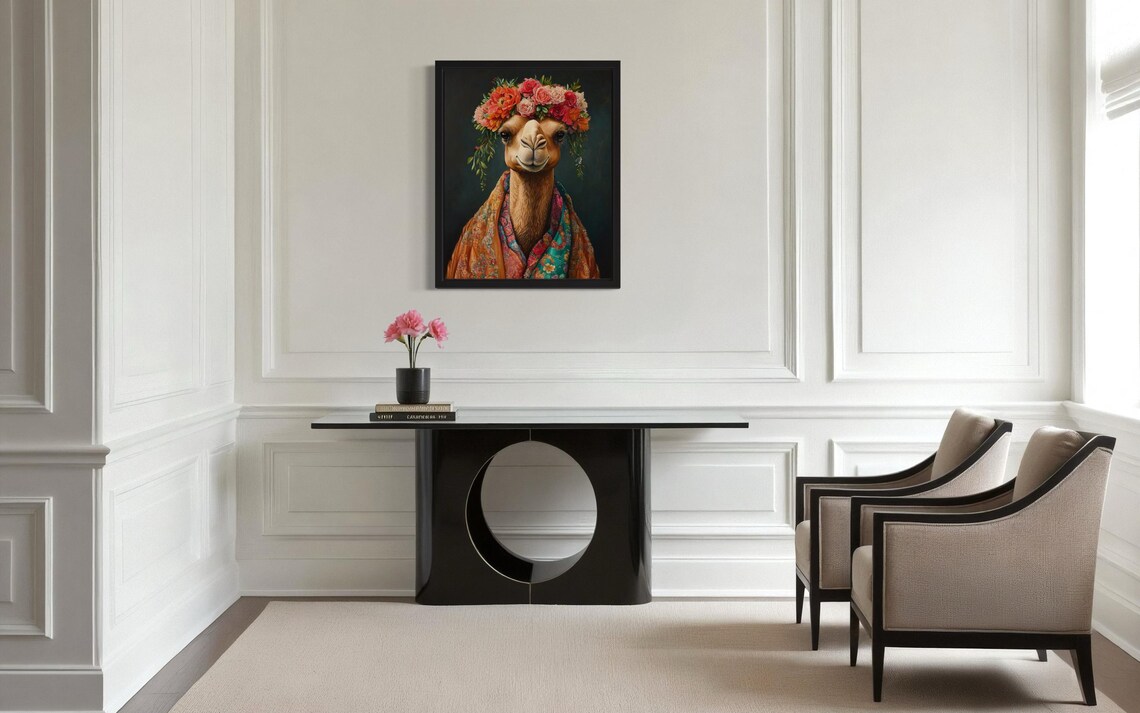 Camel Wearing Coral Rose Flower Crown Kimono Fine Art Decor Poster - Image 4