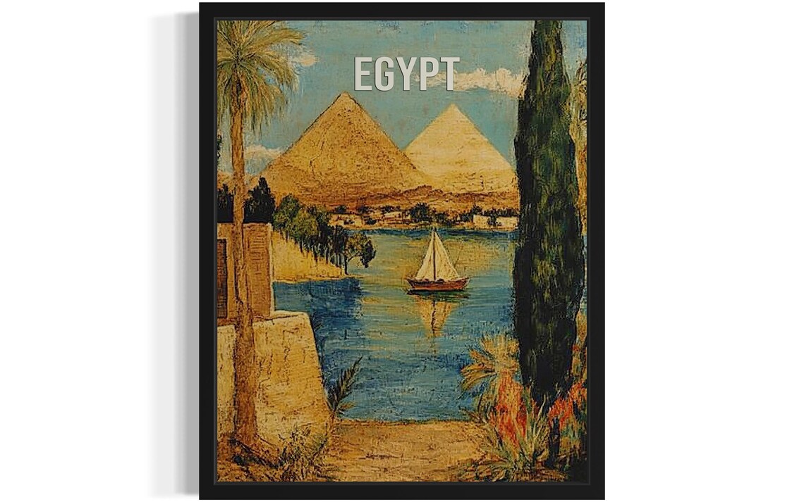Egypt Great Pyramids Nile Felucca Sailboat Vintage Style Travel Poster