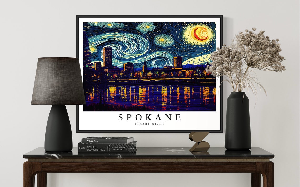 Spokane Washington Starry Night Skyline Bridge Riverfront Art Poster - Image 3