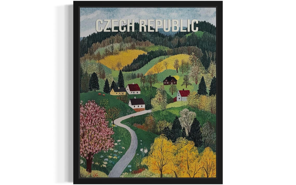 Czech Republic Pine Forest Blossom Tree Village Folk Art Poster