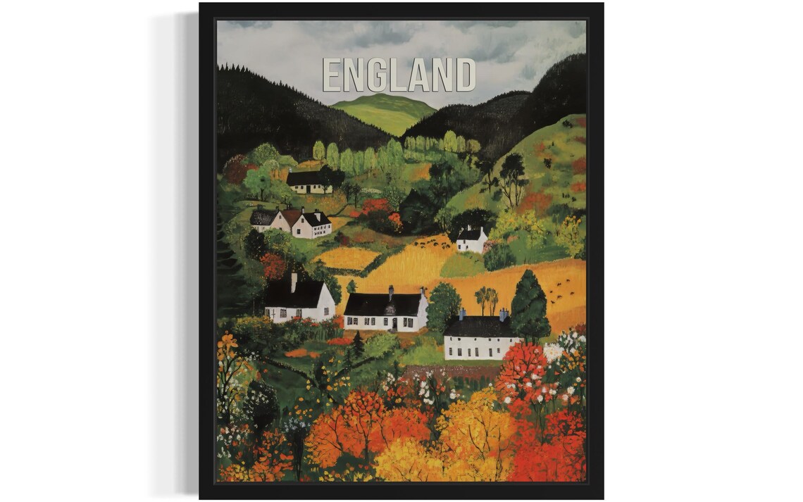 England White Country Houses Rolling Autumn Valley Folk Art Poster