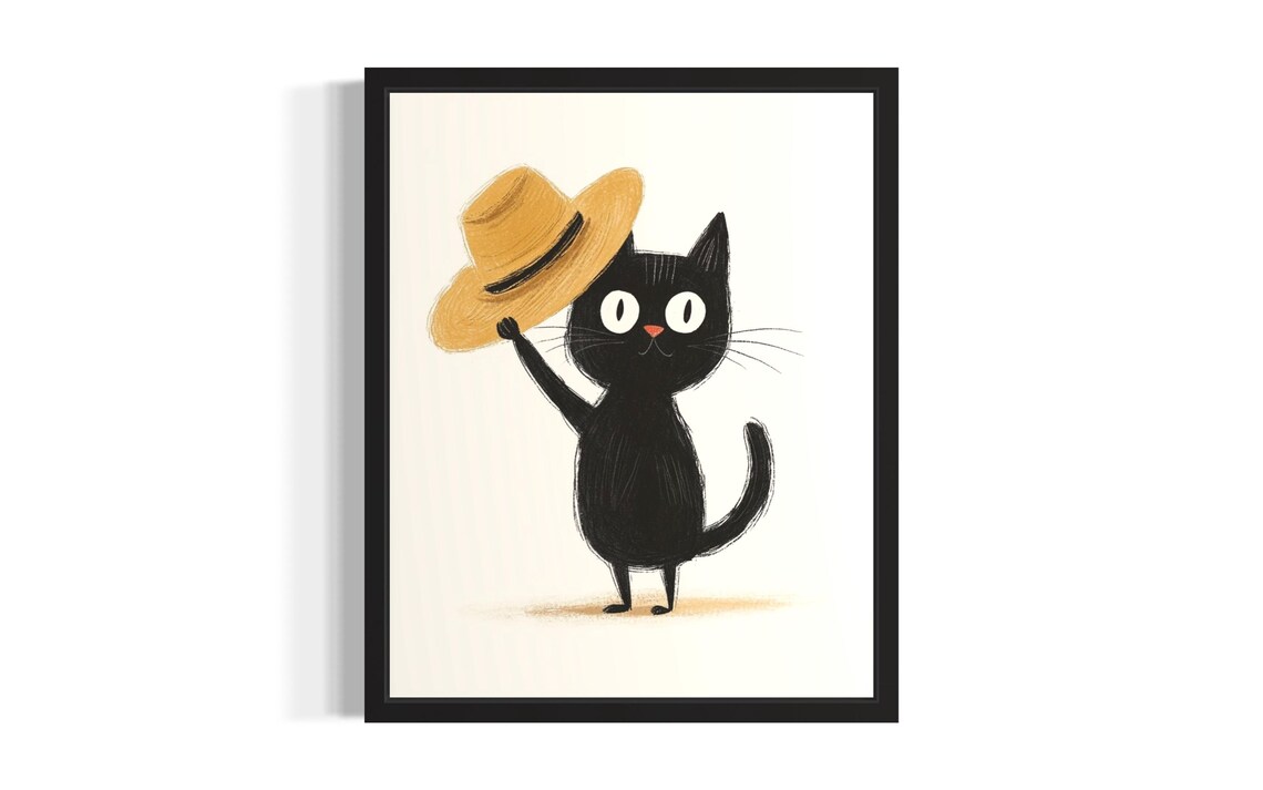 Black Cat Waving Straw Hat Cute Whimsical Kids Room Cat Poster