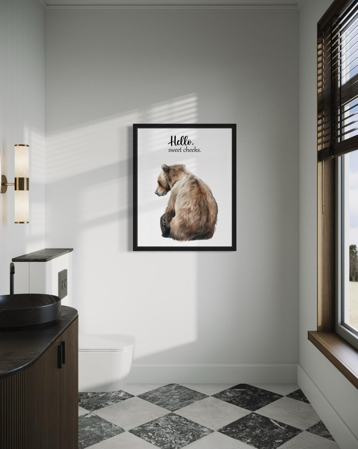 Grizzly Bear Sitting Hello Sweet Cheeks Funny Bathroom Poster - Image 4