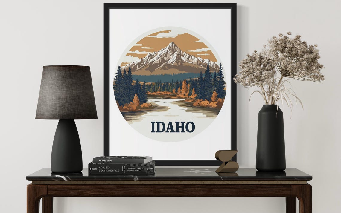 Idaho Snowcapped Peak Over Winding River Pine Forest Art Poster - Image 3