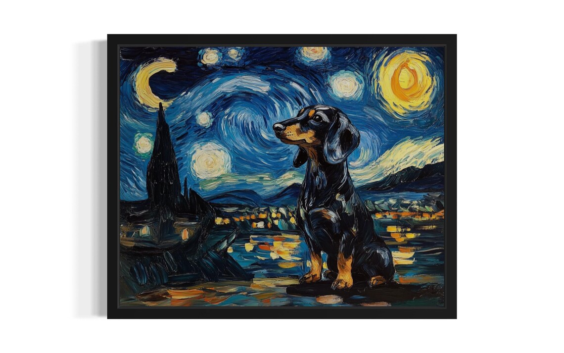 Black Dachshund Dog Under Starry Night Sky Van Gogh Style Poster