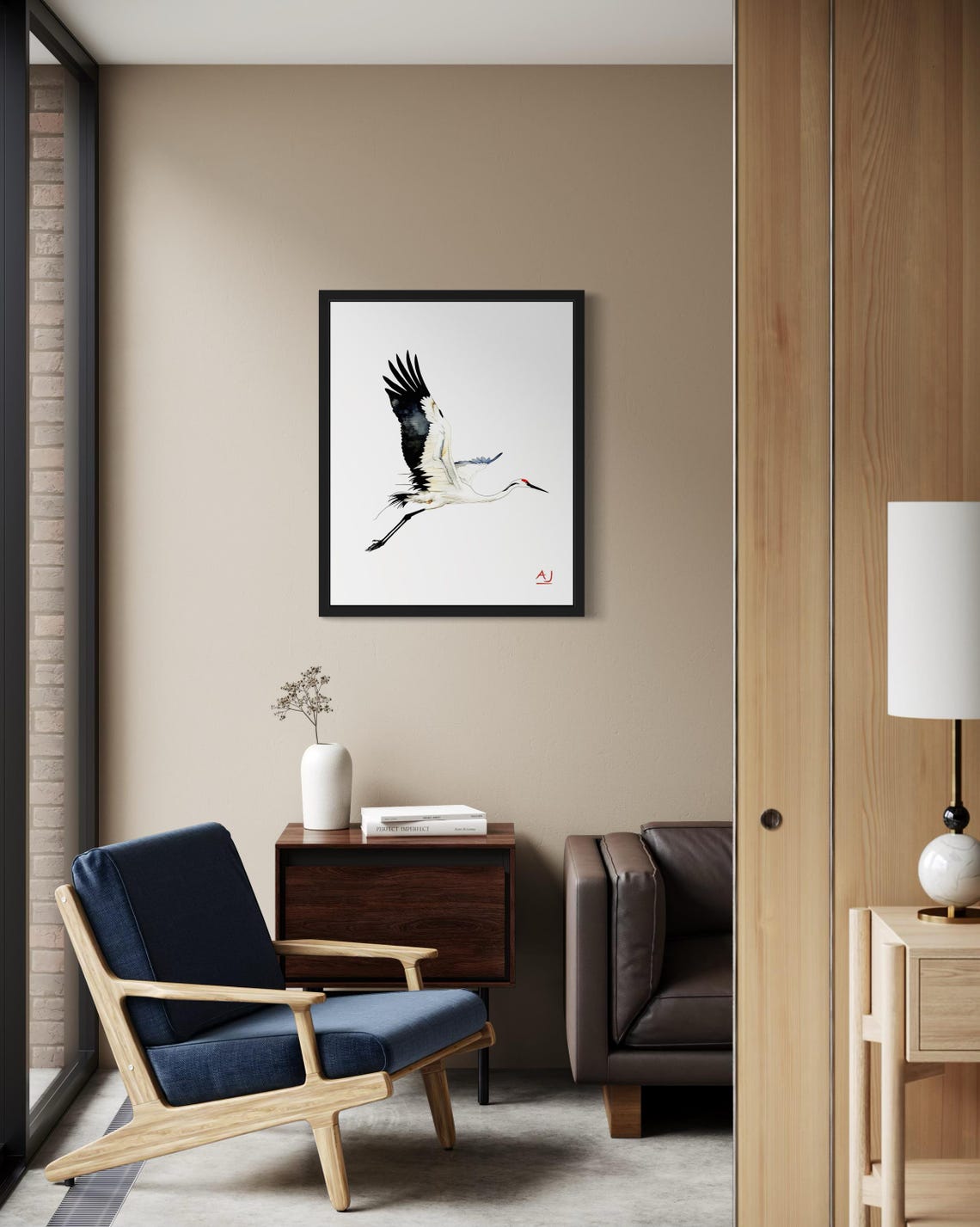 White Crane In Flight Watercolor With Minimal Style Bird Poster - Image 3