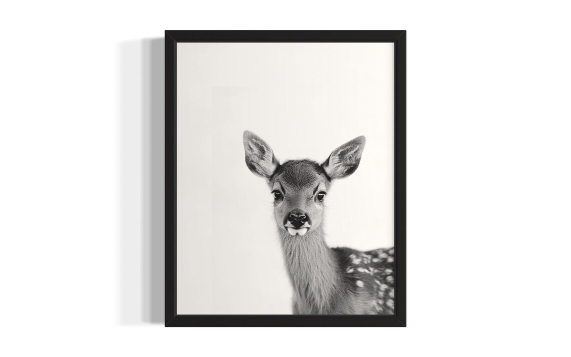 Baby Deer Fawn Black And White Nursery Animal Portrait Poster