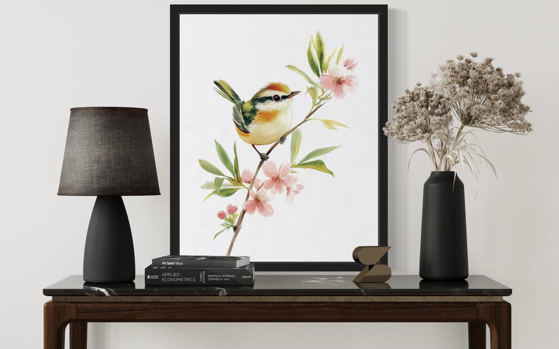 Common Firecrest on Pink Blossom Branch Watercolor Bird Poster - Image 2