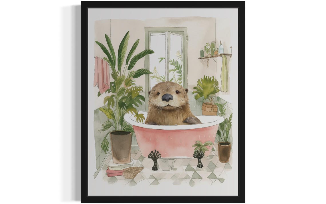 Sea Otter Relaxing in a Pink Bathtub Bathroom Fine Art Decor Poster