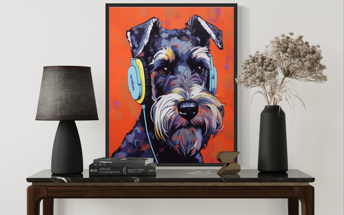 Schnauzer Wearing Headphones Colorful Pop Art Dog Portrait Poster - Image 3