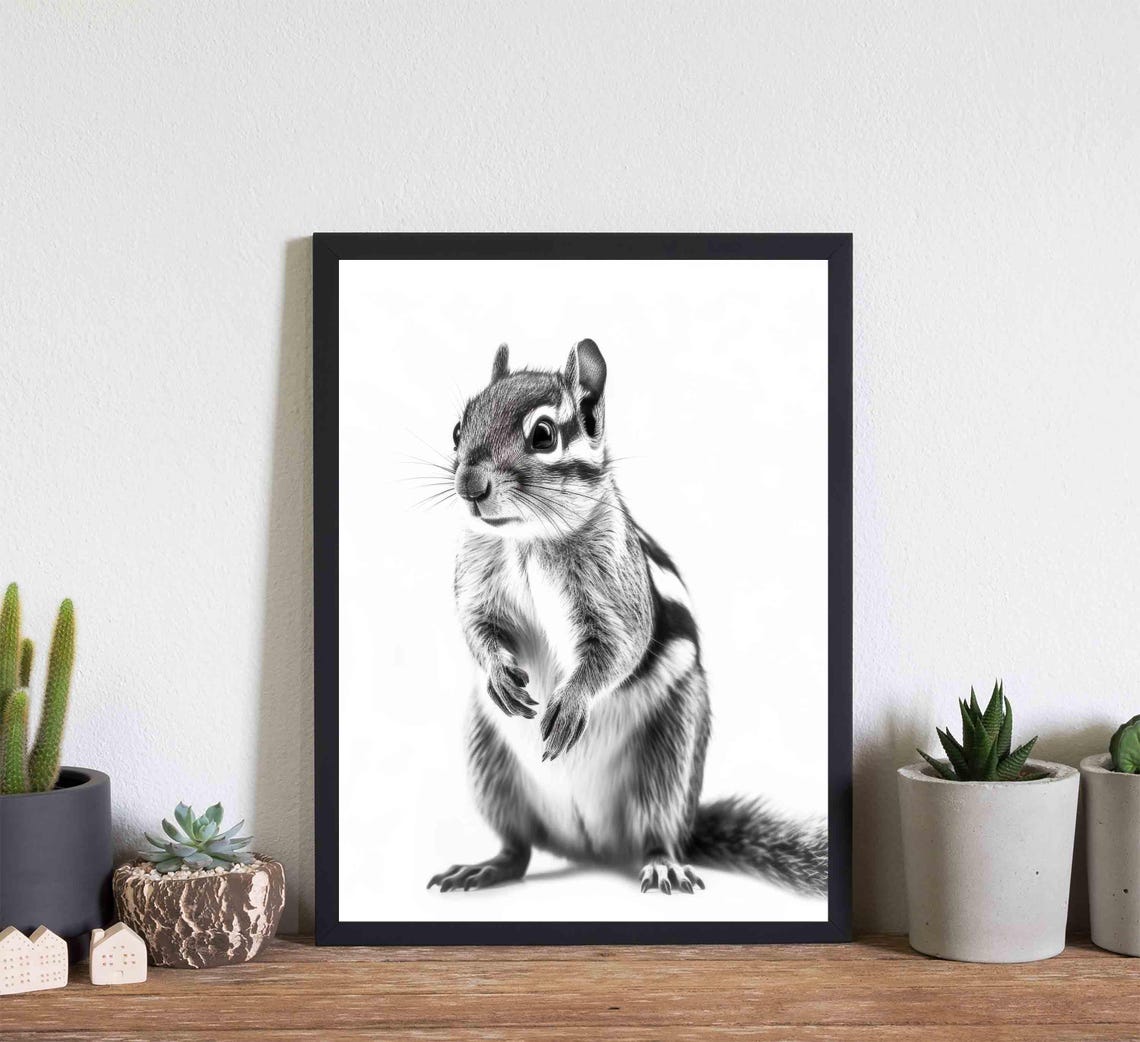 Adorable Chipmunk Standing Upright in Black and White Art Poster - Image 4