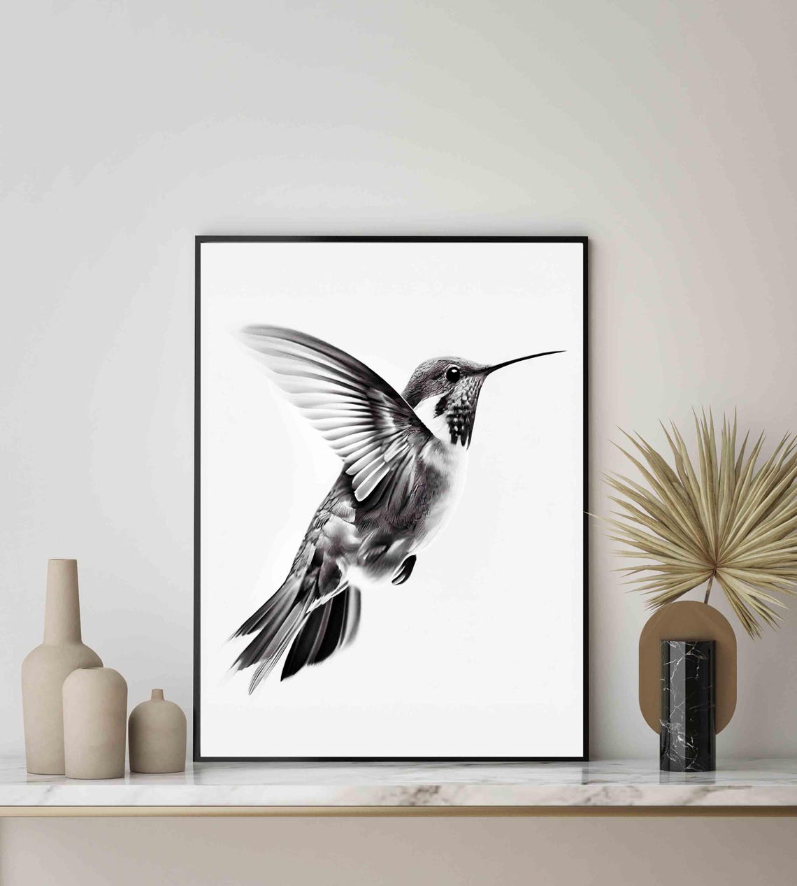 Graceful Hummingbird Hovering in Flight Black and White Art Poster - Image 4