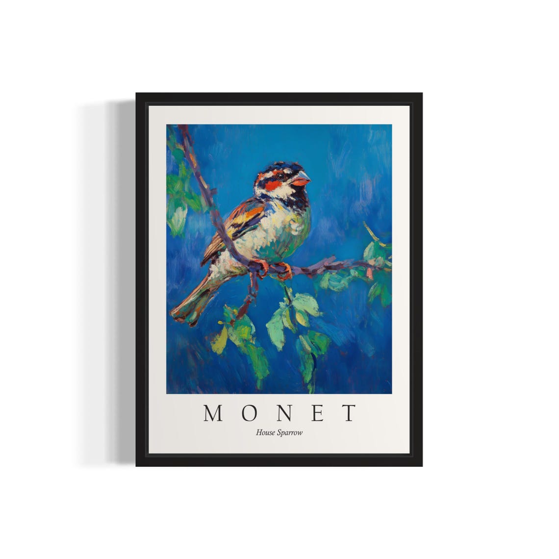 House Sparrow on Branch in Monet Style Impressionist Art Poster