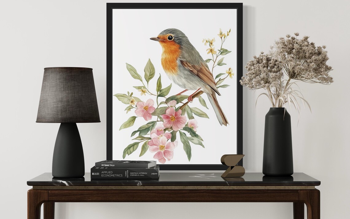 European Robin on Flowering Branch Botanical Watercolor Poster - Image 2