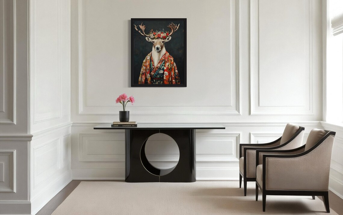 Caribou Wearing Flower Crown and Floral Kimono Fine Art Decor Poster - Image 4
