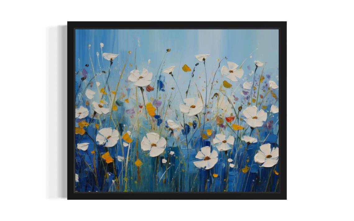 White Wildflowers Dancing Against Deep Blue Sky Painting Poster