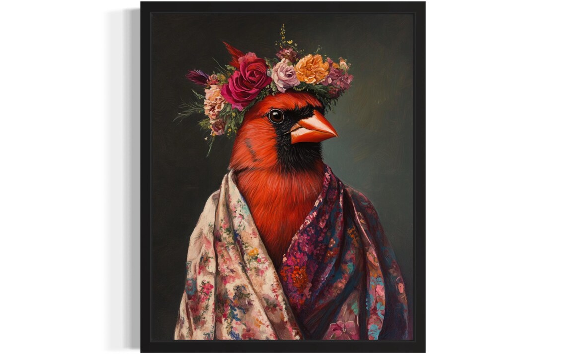 Red Cardinal Flower Crown Portrait Whimsical Bird Oil Poster